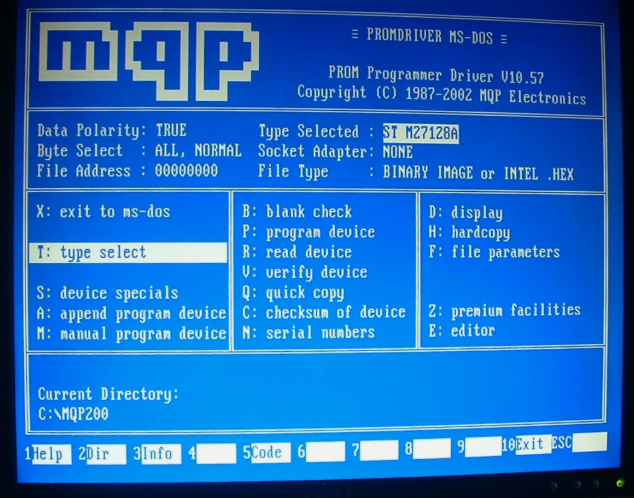 MQP200 PROMDRIVER MS-DOS program screen